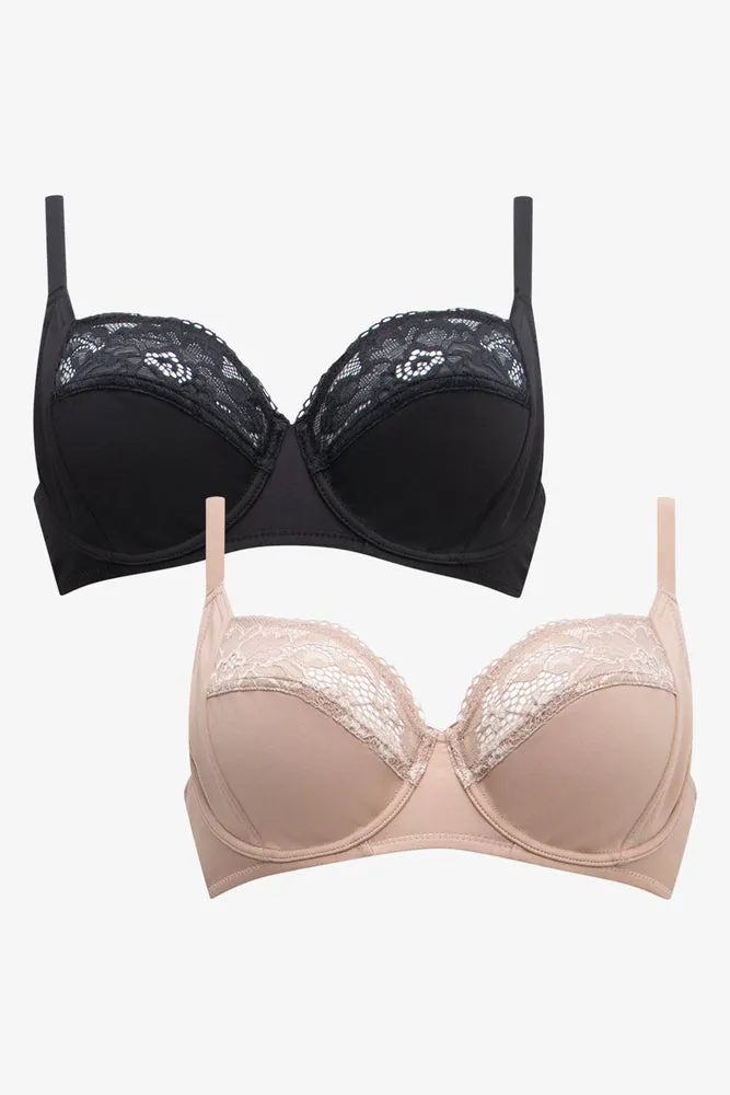 2 Pack Lace Trim Non Padded Bras Natural And Dark Grey