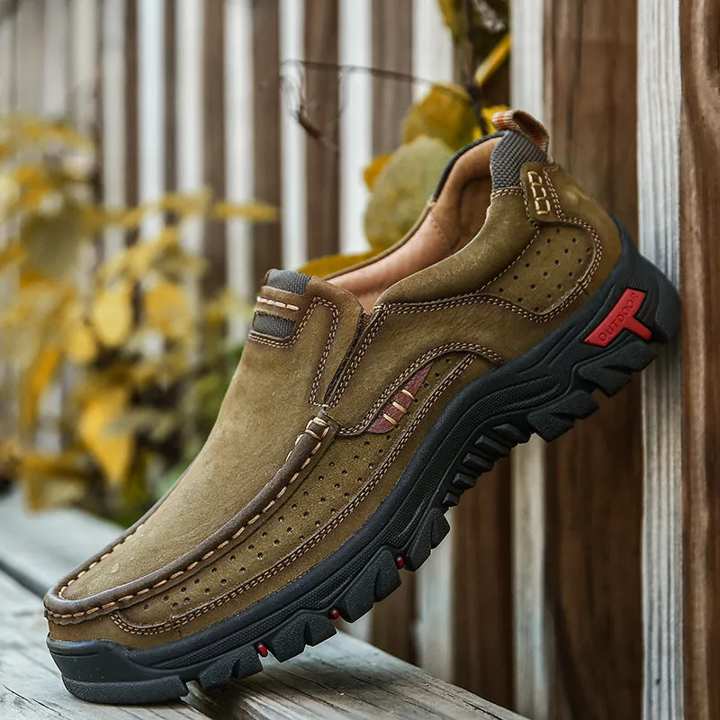 2024 New Genuine Leather Top Layer  Men's Shoes Low cut Soft Sole Hollow Breathable Outdoor Casual Shoes