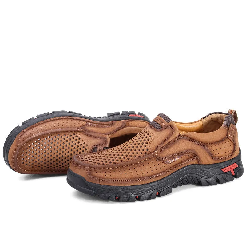 2024 New Genuine Leather Top Layer  Men's Shoes Low cut Soft Sole Hollow Breathable Outdoor Casual Shoes