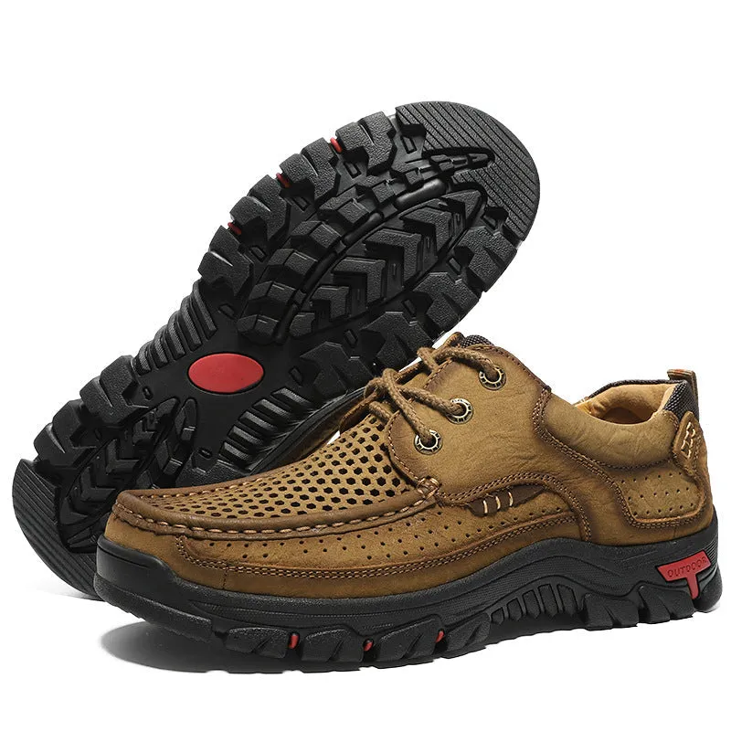 2024 New Genuine Leather Top Layer  Men's Shoes Low cut Soft Sole Hollow Breathable Outdoor Casual Shoes