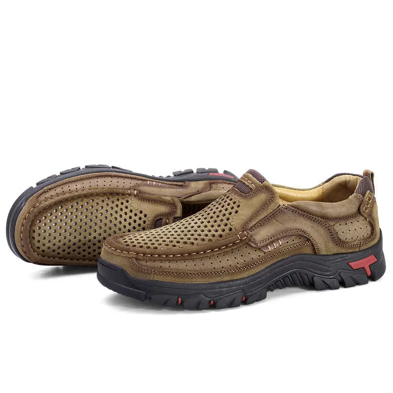 2024 New Genuine Leather Top Layer  Men's Shoes Low cut Soft Sole Hollow Breathable Outdoor Casual Shoes