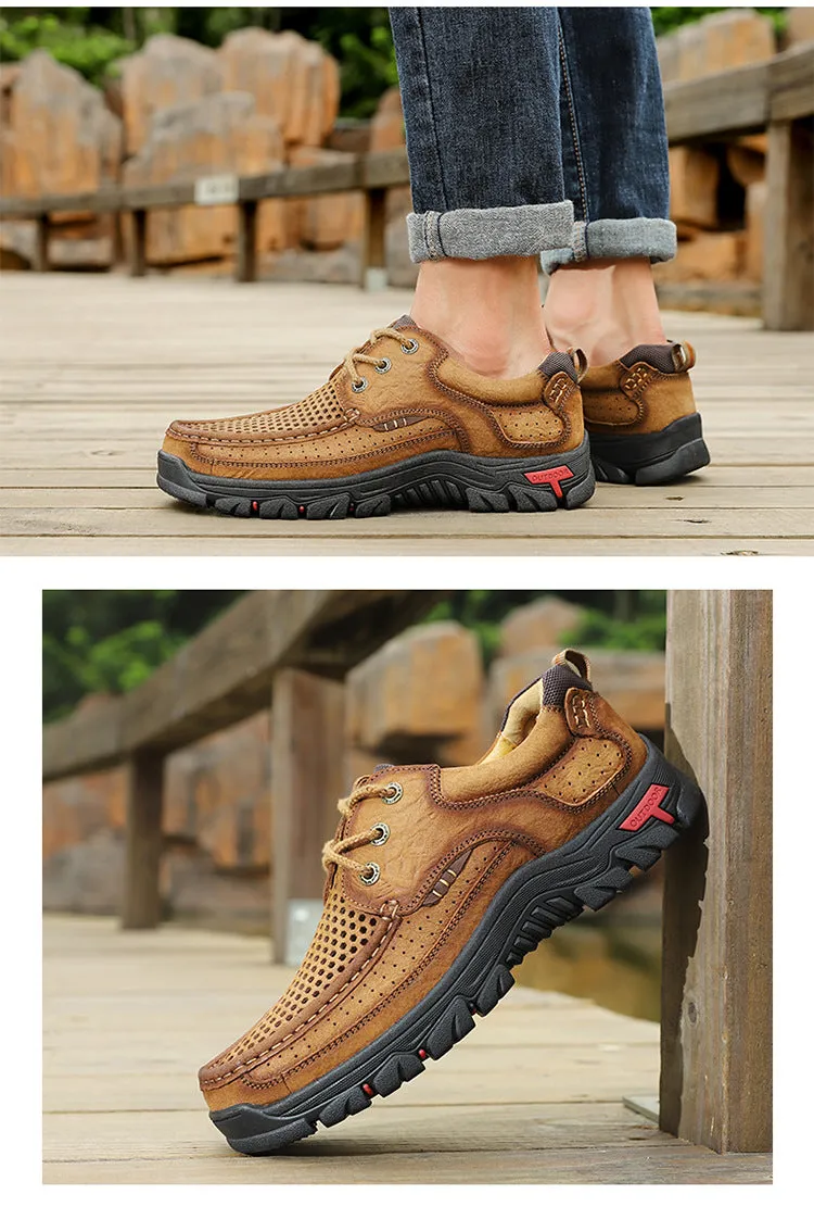 2024 New Genuine Leather Top Layer  Men's Shoes Low cut Soft Sole Hollow Breathable Outdoor Casual Shoes
