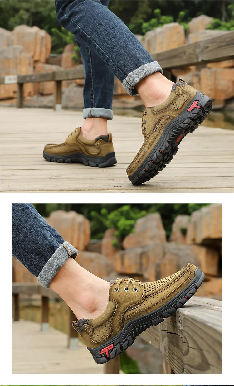 2024 New Genuine Leather Top Layer  Men's Shoes Low cut Soft Sole Hollow Breathable Outdoor Casual Shoes