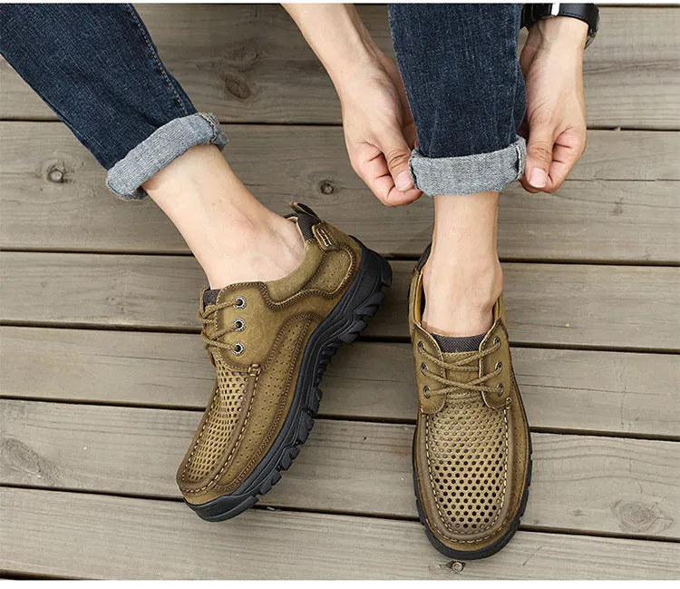 2024 New Genuine Leather Top Layer  Men's Shoes Low cut Soft Sole Hollow Breathable Outdoor Casual Shoes