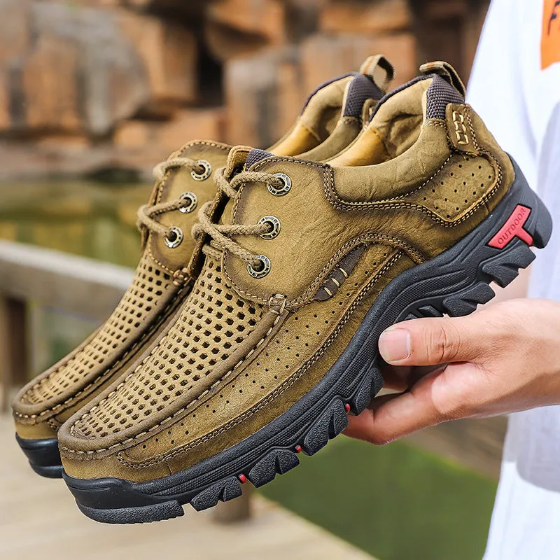 2024 New Genuine Leather Top Layer  Men's Shoes Low cut Soft Sole Hollow Breathable Outdoor Casual Shoes