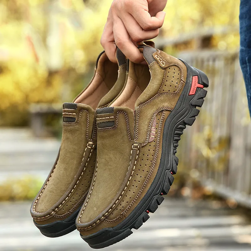 2024 New Genuine Leather Top Layer  Men's Shoes Low cut Soft Sole Hollow Breathable Outdoor Casual Shoes