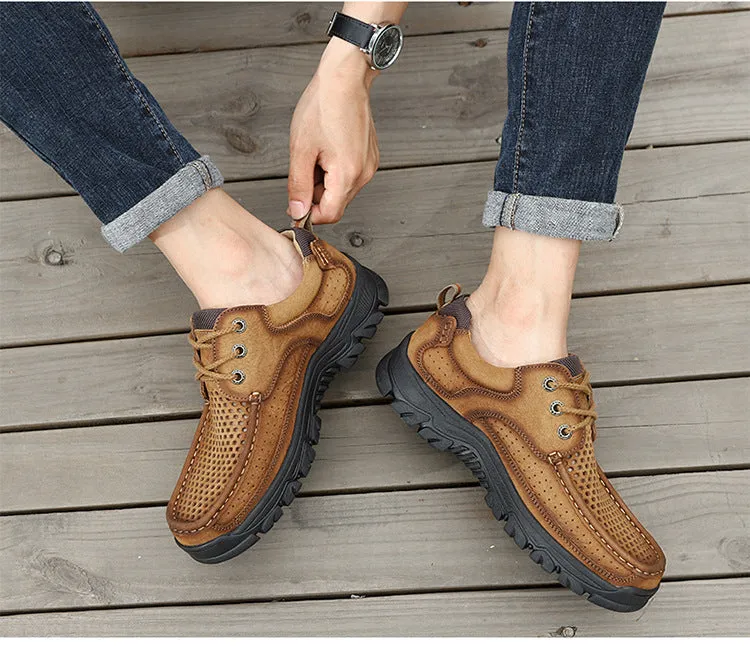 2024 New Genuine Leather Top Layer  Men's Shoes Low cut Soft Sole Hollow Breathable Outdoor Casual Shoes