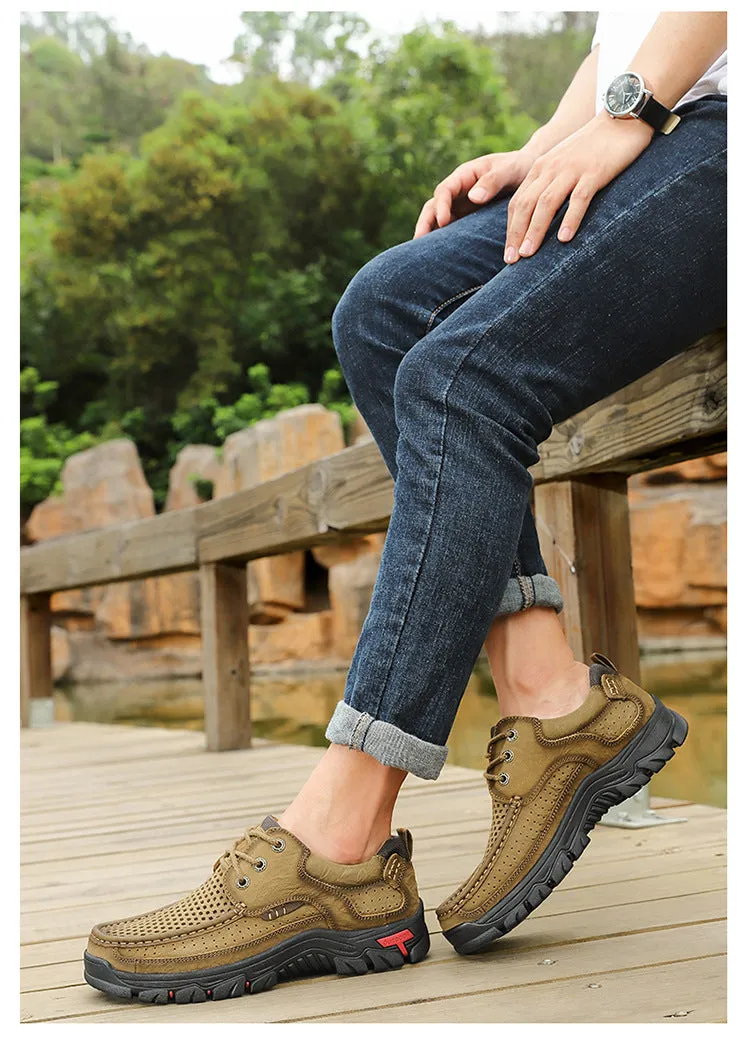 2024 New Genuine Leather Top Layer  Men's Shoes Low cut Soft Sole Hollow Breathable Outdoor Casual Shoes