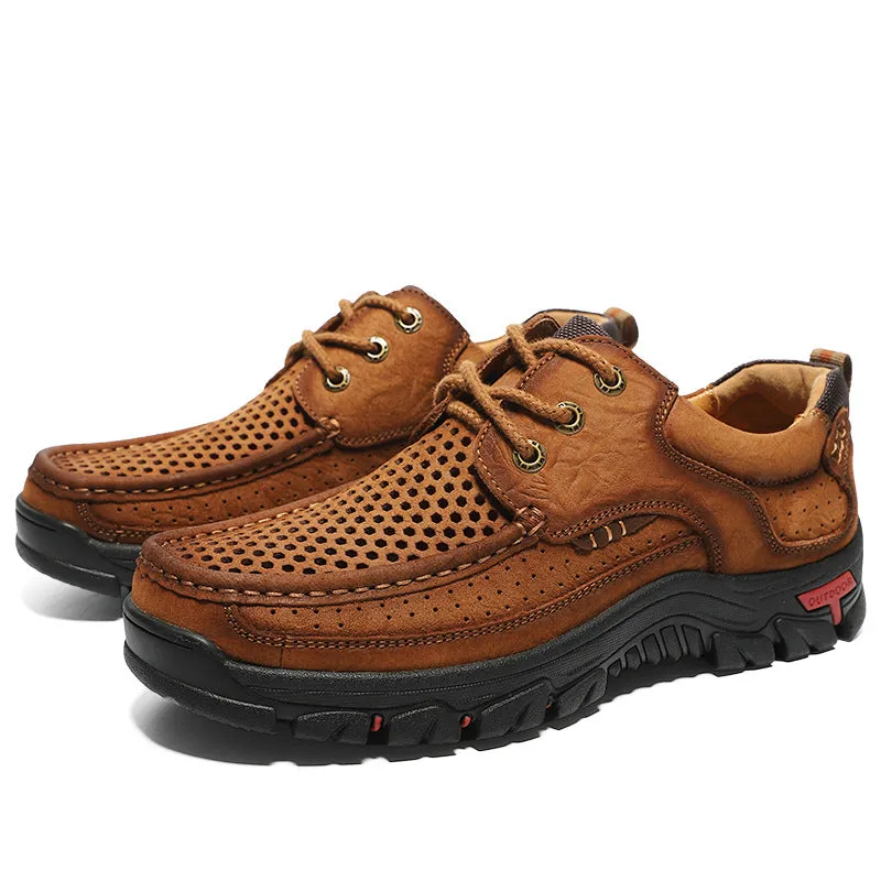 2024 New Genuine Leather Top Layer  Men's Shoes Low cut Soft Sole Hollow Breathable Outdoor Casual Shoes