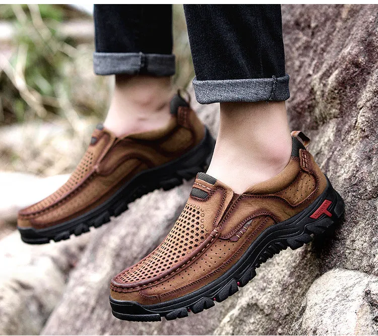 2024 New Genuine Leather Top Layer  Men's Shoes Low cut Soft Sole Hollow Breathable Outdoor Casual Shoes