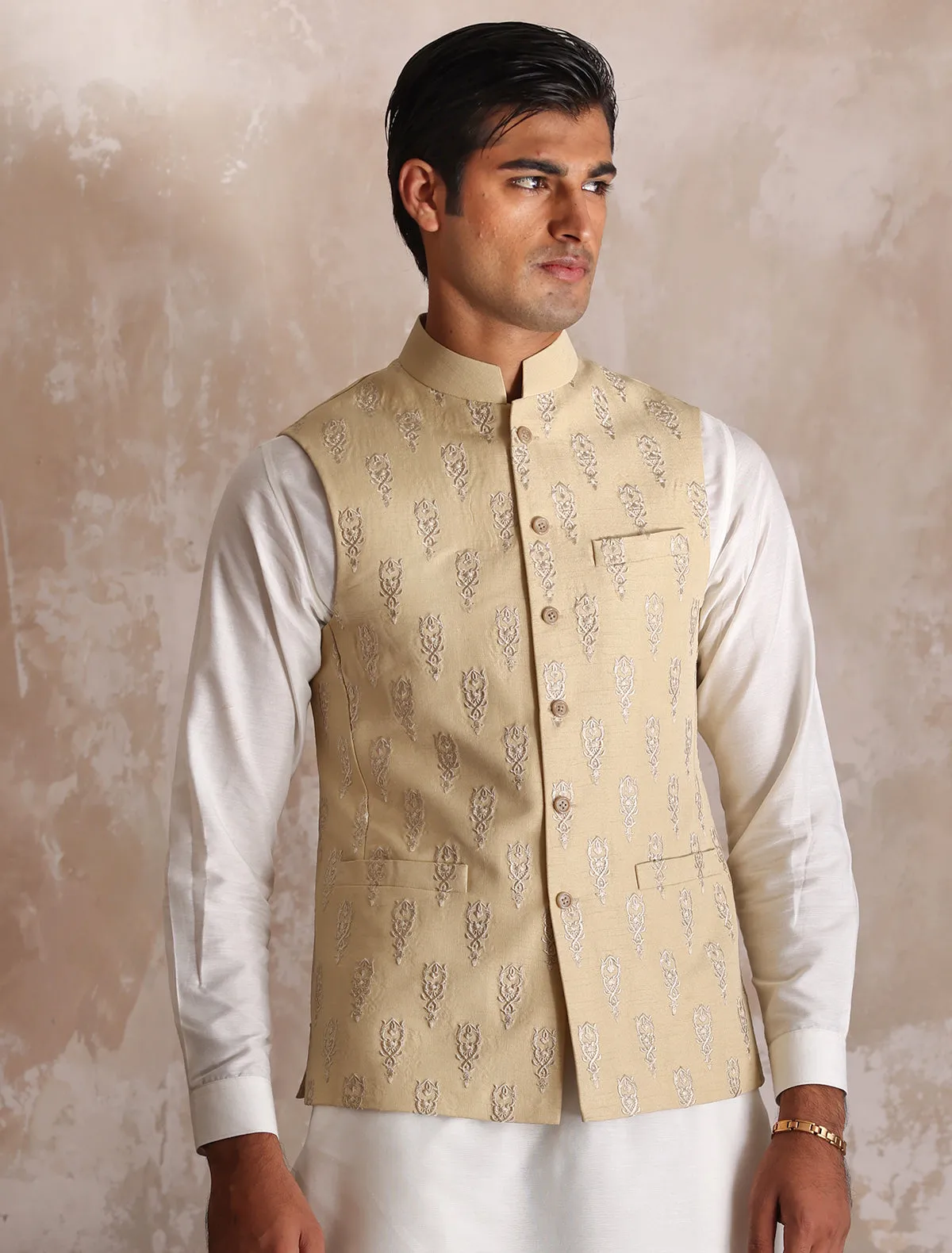 BEIGE HEAVY EMBROIDERY WAIST COAT
