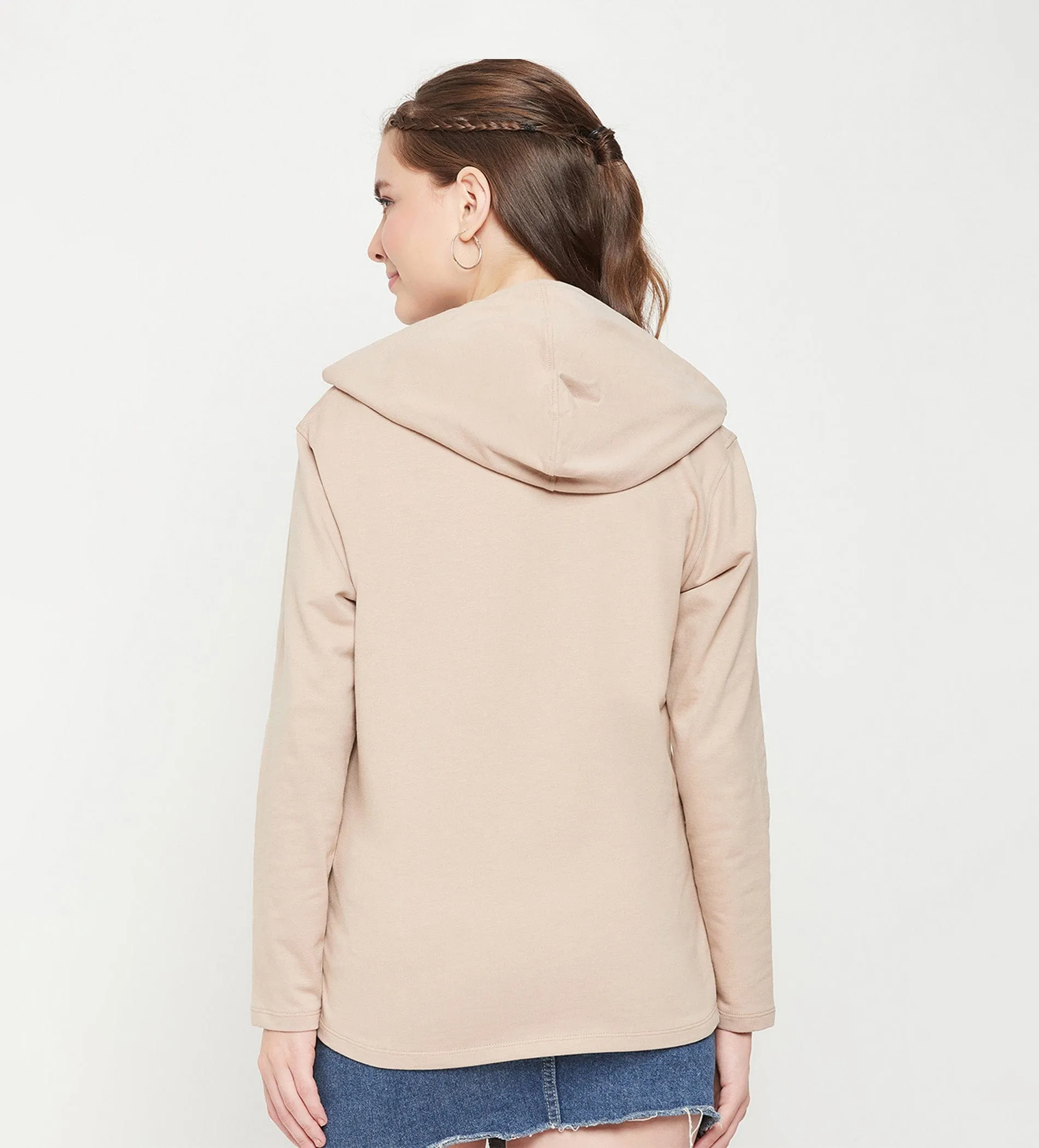 Beige Velvet Embroidery Hoodie for Women