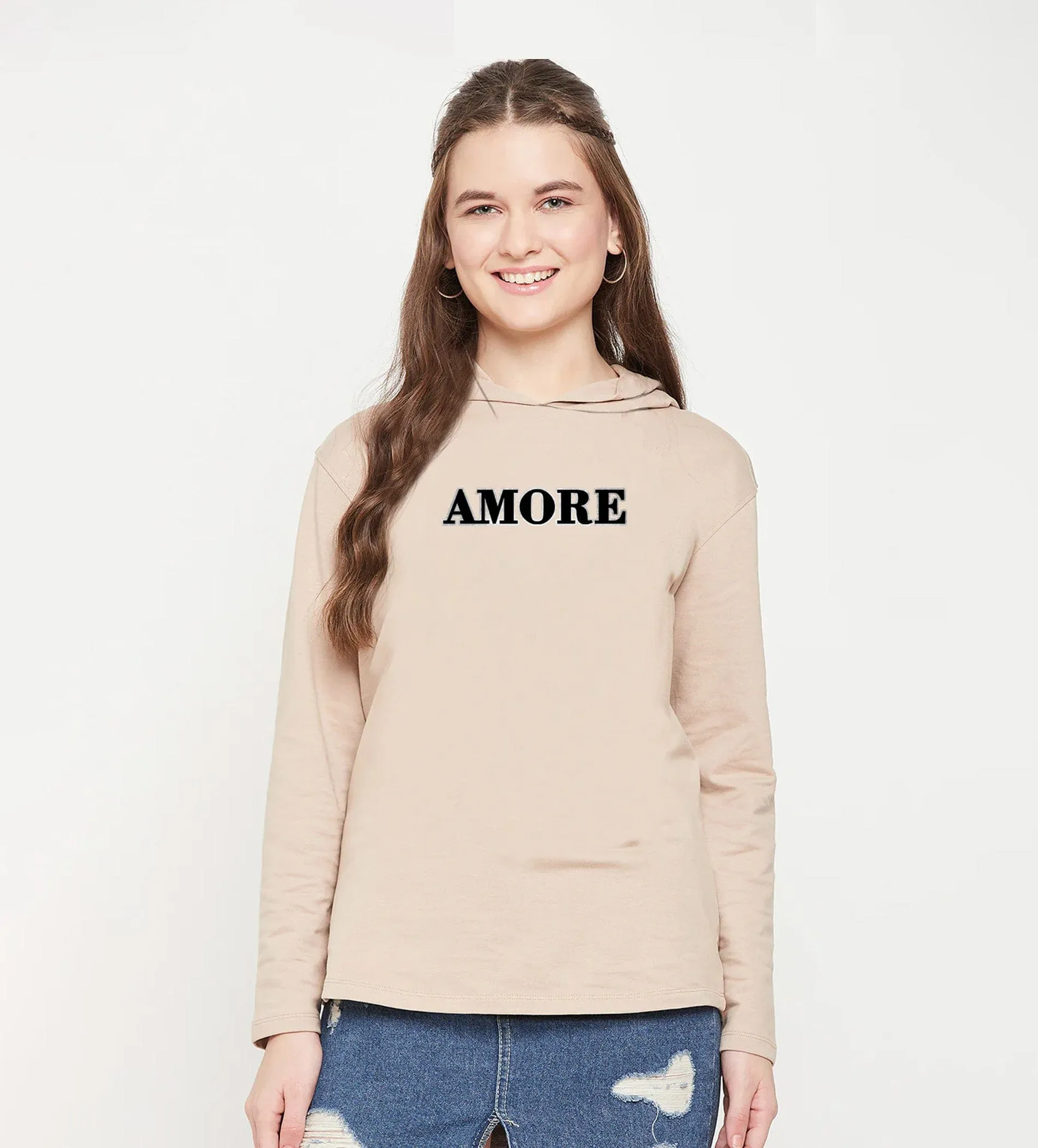 Beige Velvet Embroidery Hoodie for Women