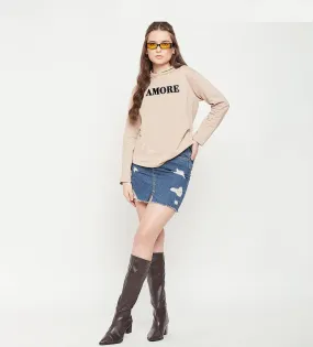 Beige Velvet Embroidery Hoodie for Women