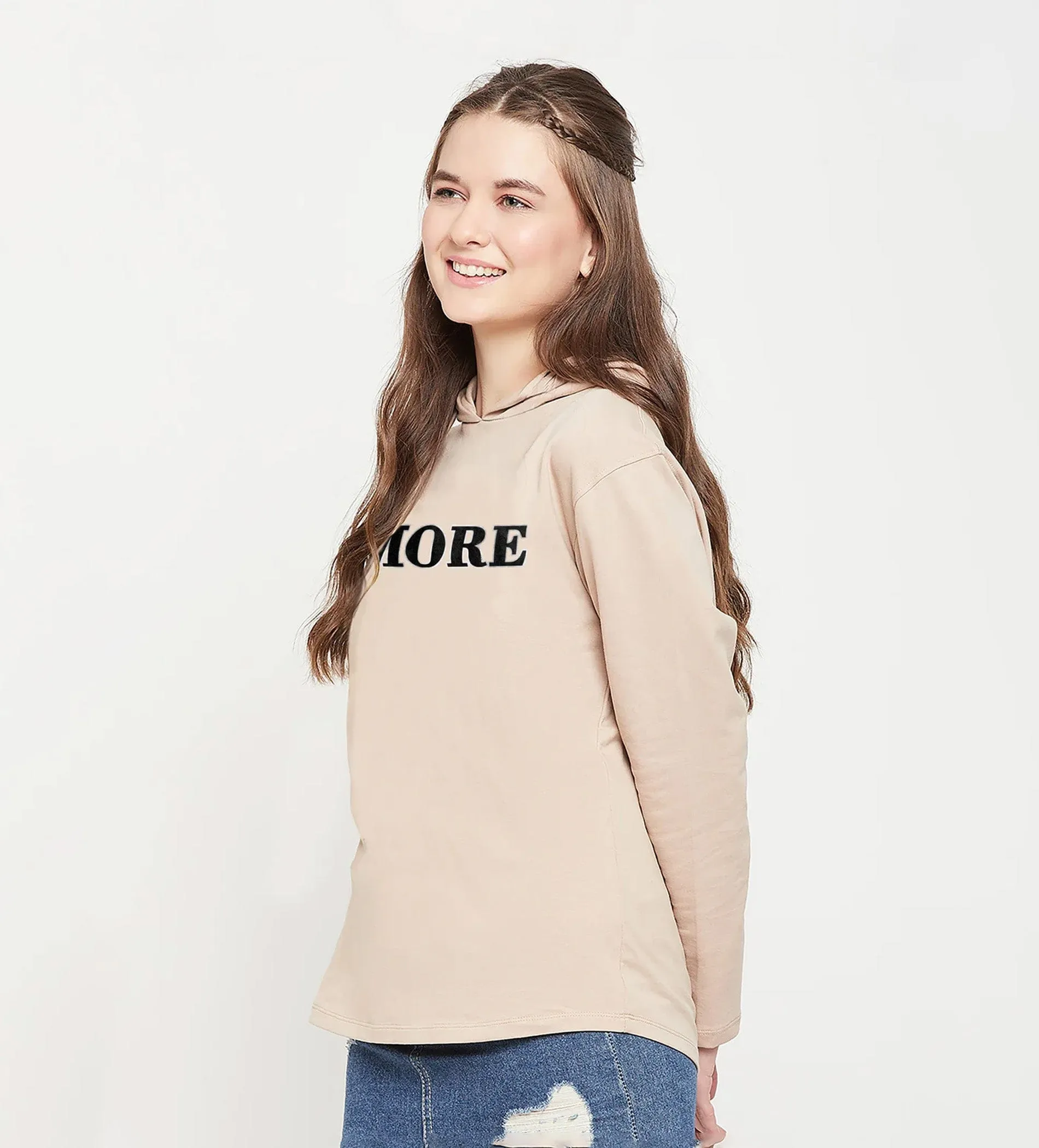 Beige Velvet Embroidery Hoodie for Women