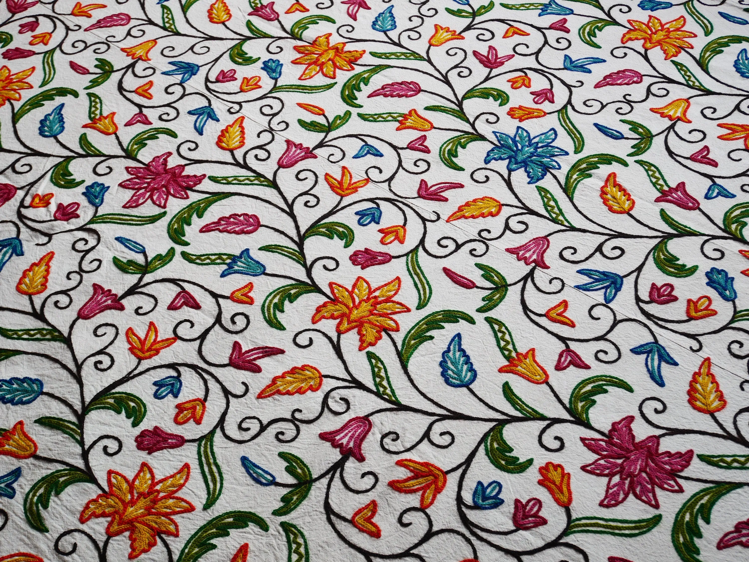 Bohemian bedspread - luxury Indian bedding | Kashmir Crewel embroidery - colorful bed throw, floral design