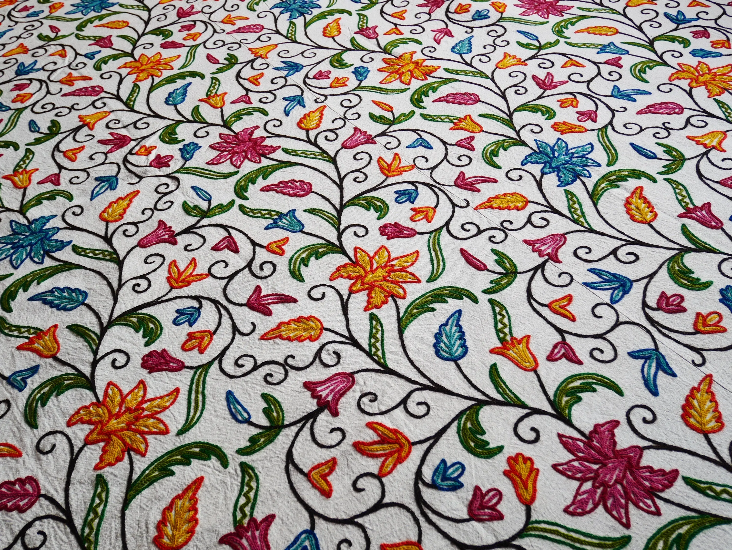 Bohemian bedspread - luxury Indian bedding | Kashmir Crewel embroidery - colorful bed throw, floral design