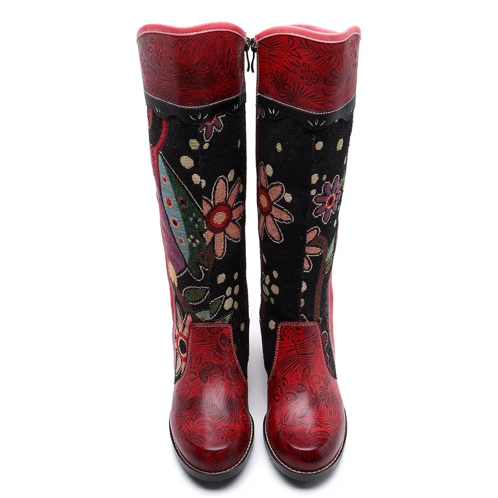 Bohemian Leather Block Heel Long Boots Exotic Pattern