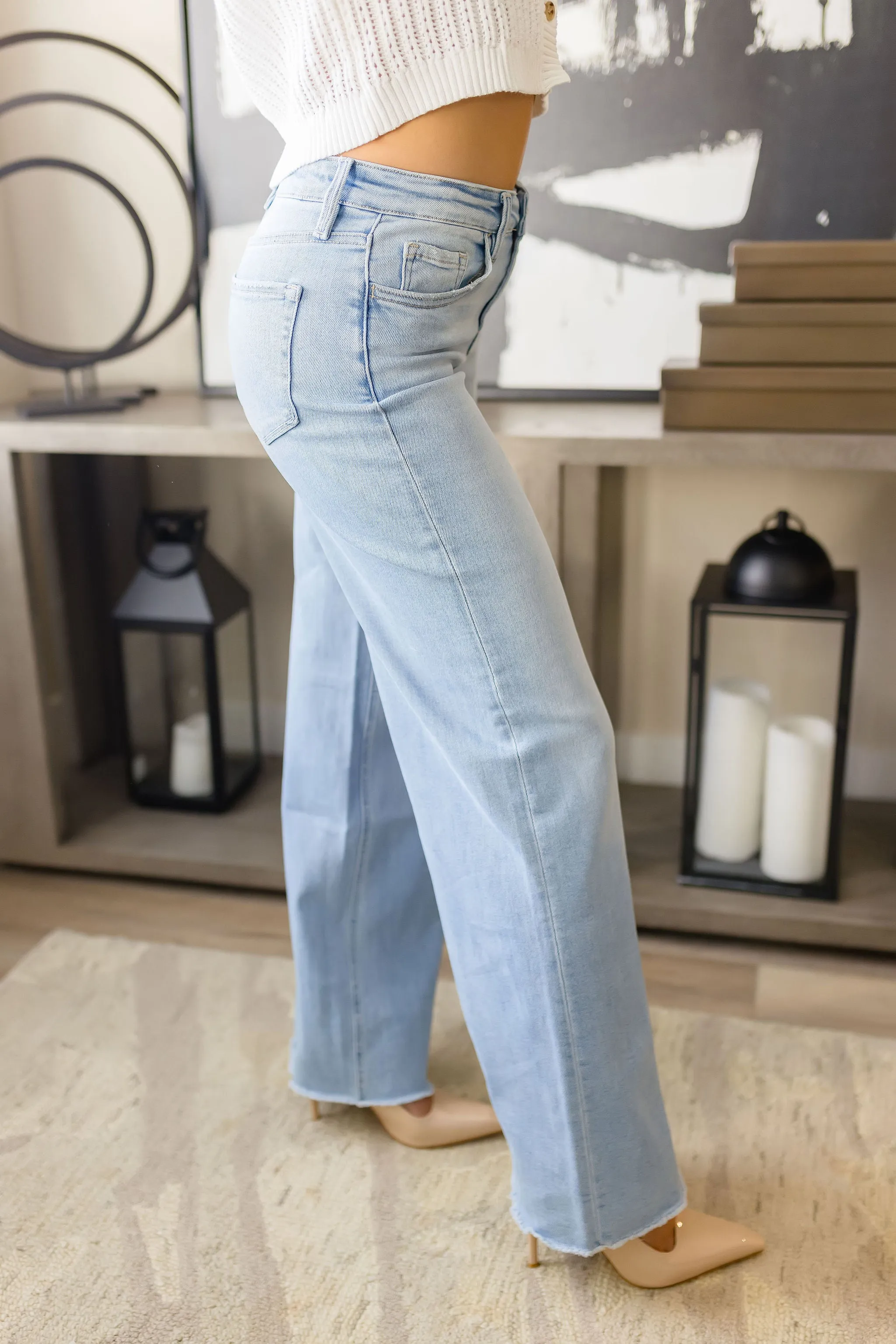 Bradley High Rise Raw Hem Wide Leg Jeans Light Wash