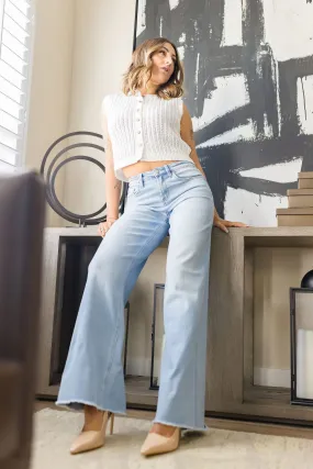 Bradley High Rise Raw Hem Wide Leg Jeans Light Wash