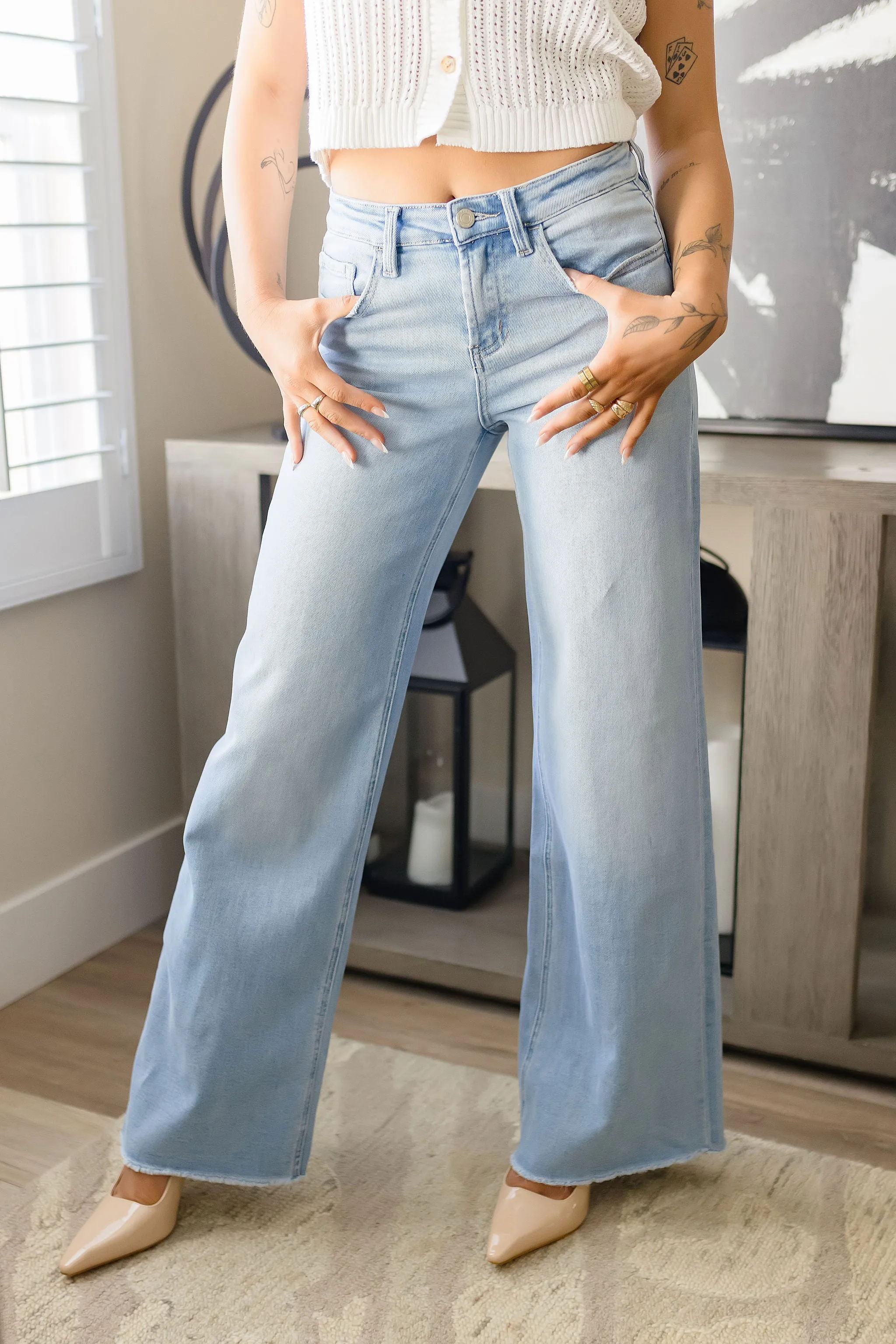 Bradley High Rise Raw Hem Wide Leg Jeans Light Wash