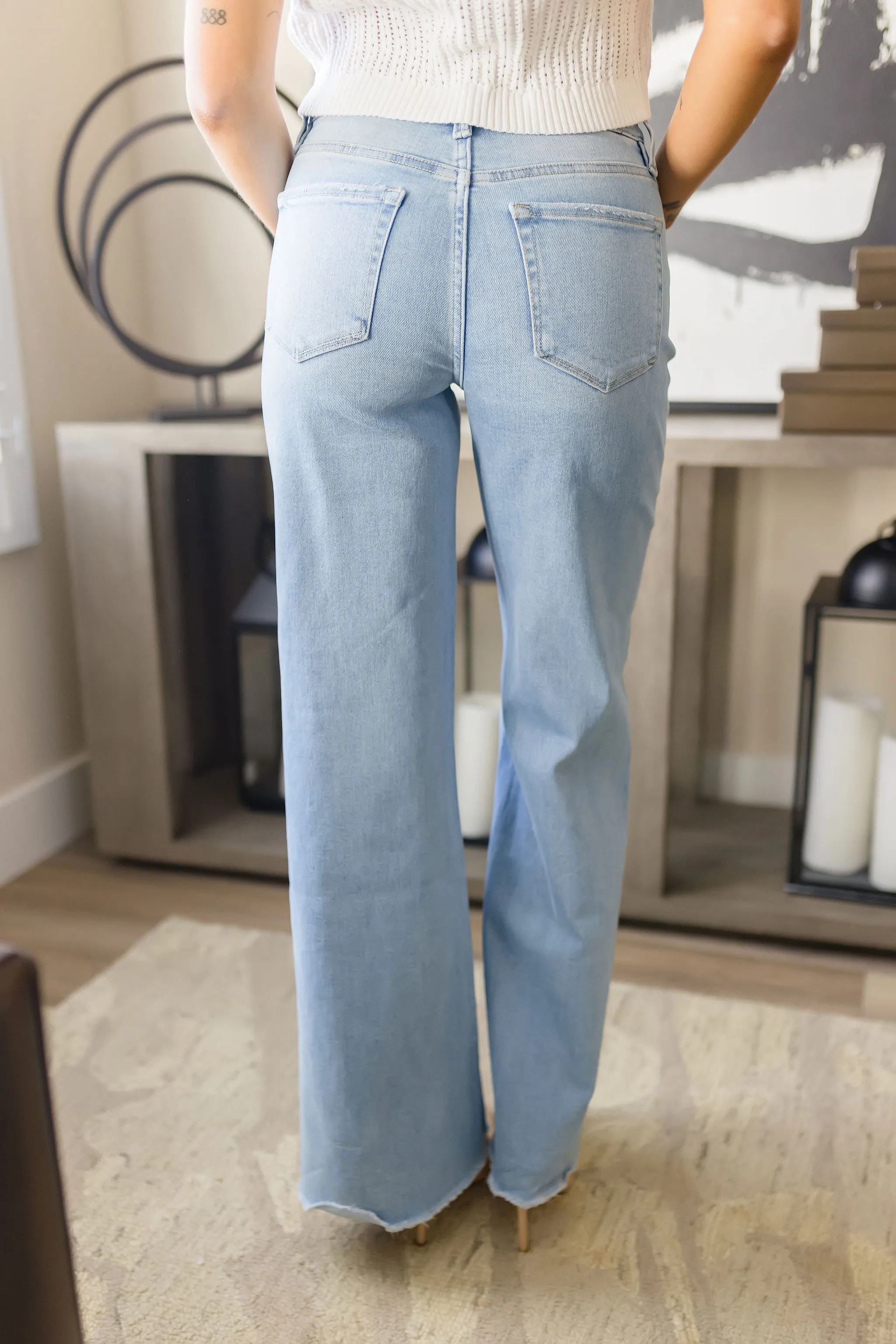Bradley High Rise Raw Hem Wide Leg Jeans Light Wash