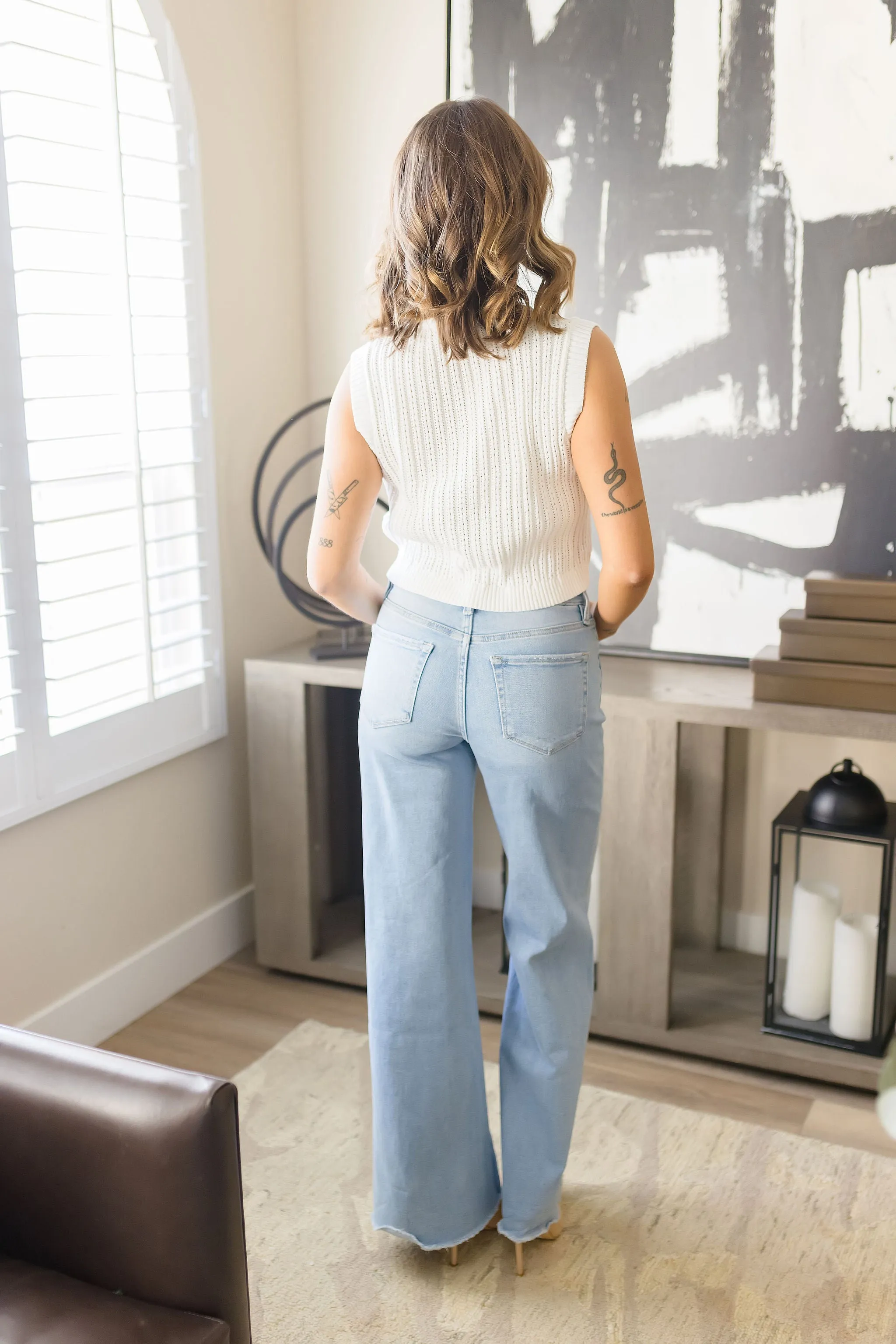 Bradley High Rise Raw Hem Wide Leg Jeans Light Wash