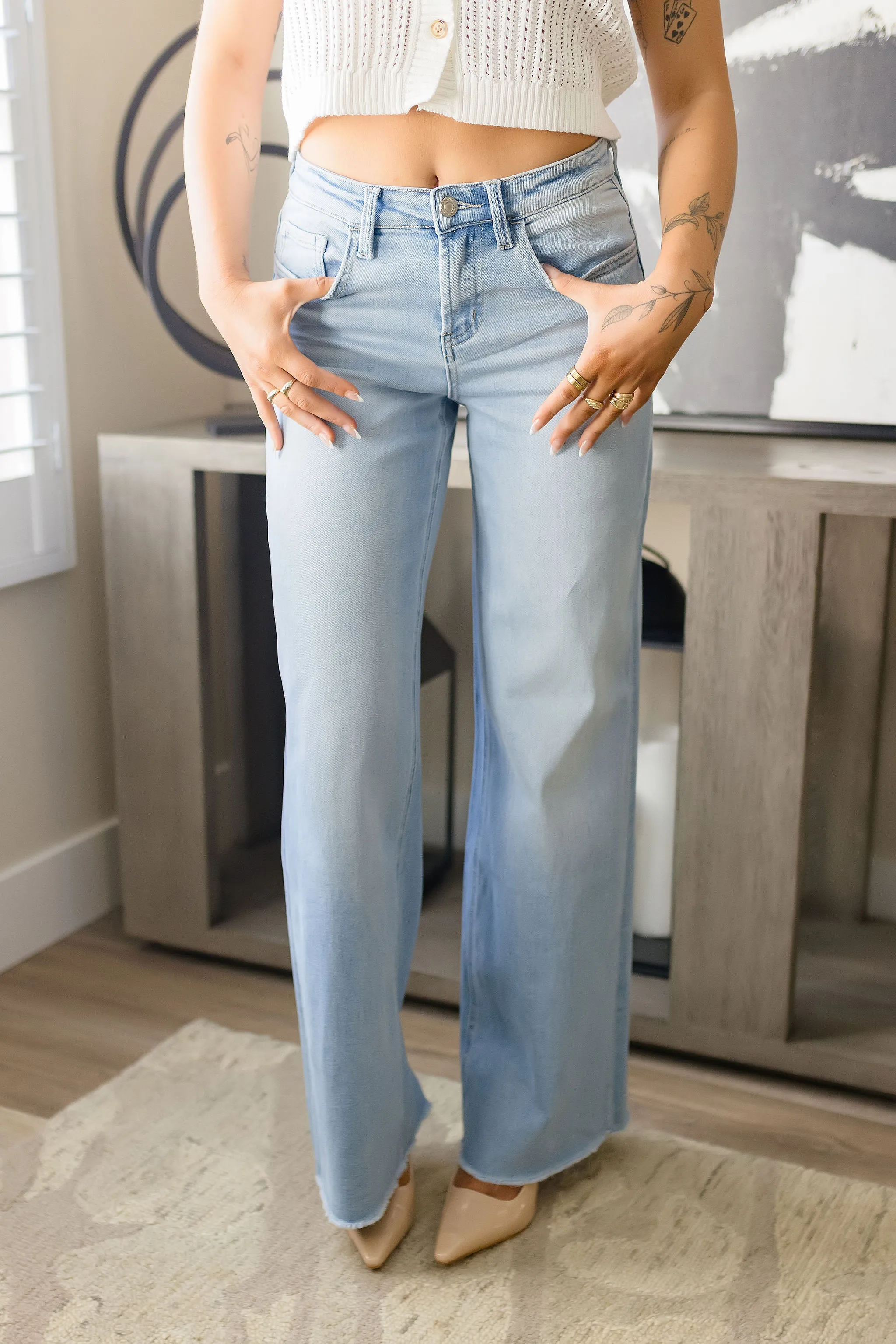 Bradley High Rise Raw Hem Wide Leg Jeans Light Wash