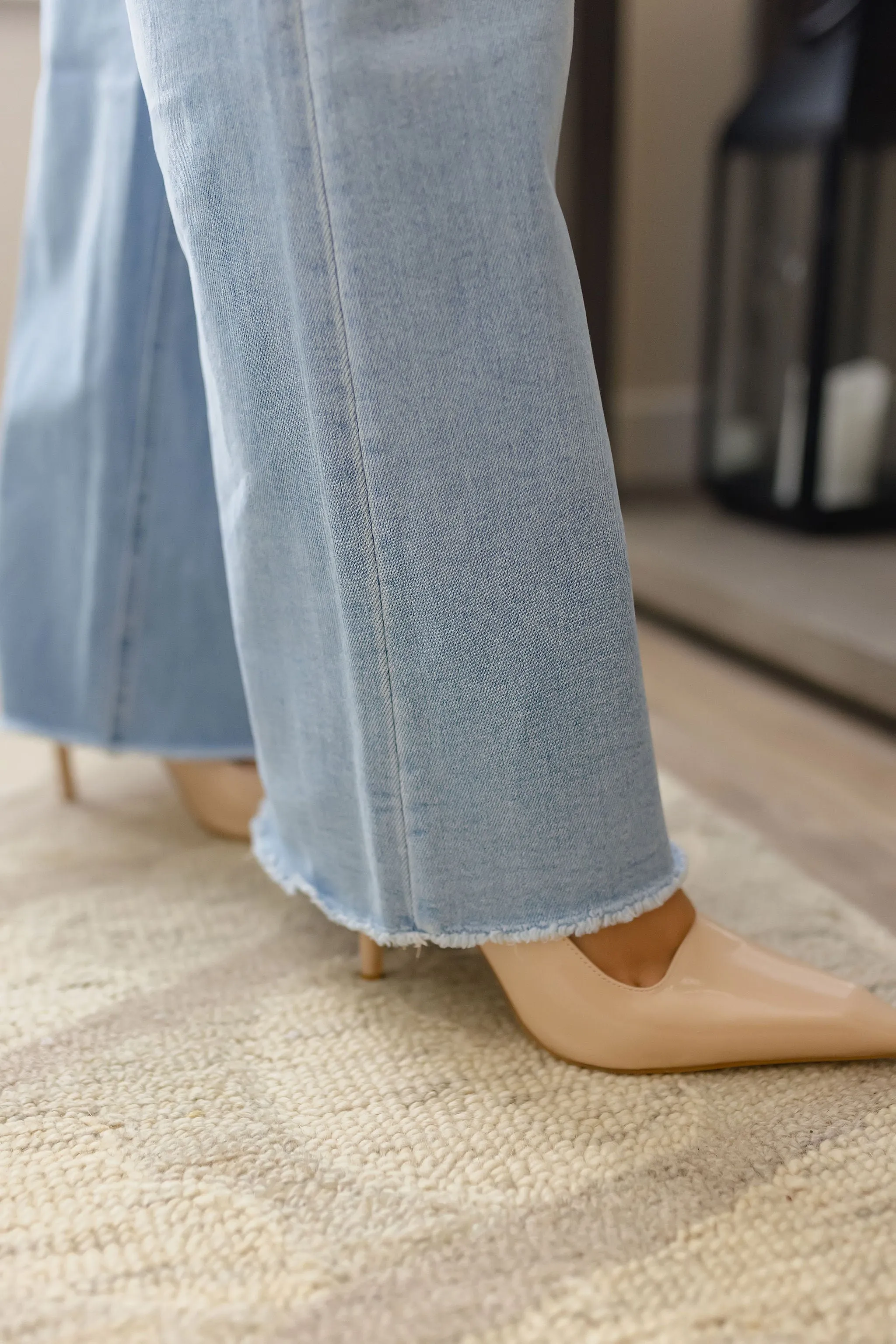 Bradley High Rise Raw Hem Wide Leg Jeans Light Wash
