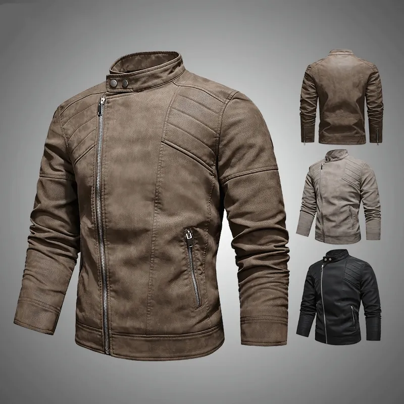 Casual Stand Collar Fleece Jackets / Vintage Men's Soft Faux Leather Motorcycle Jackets