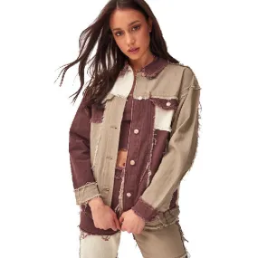 Fashion Women's Patchwork Jackets Lapel Two Tone Denim Jackets