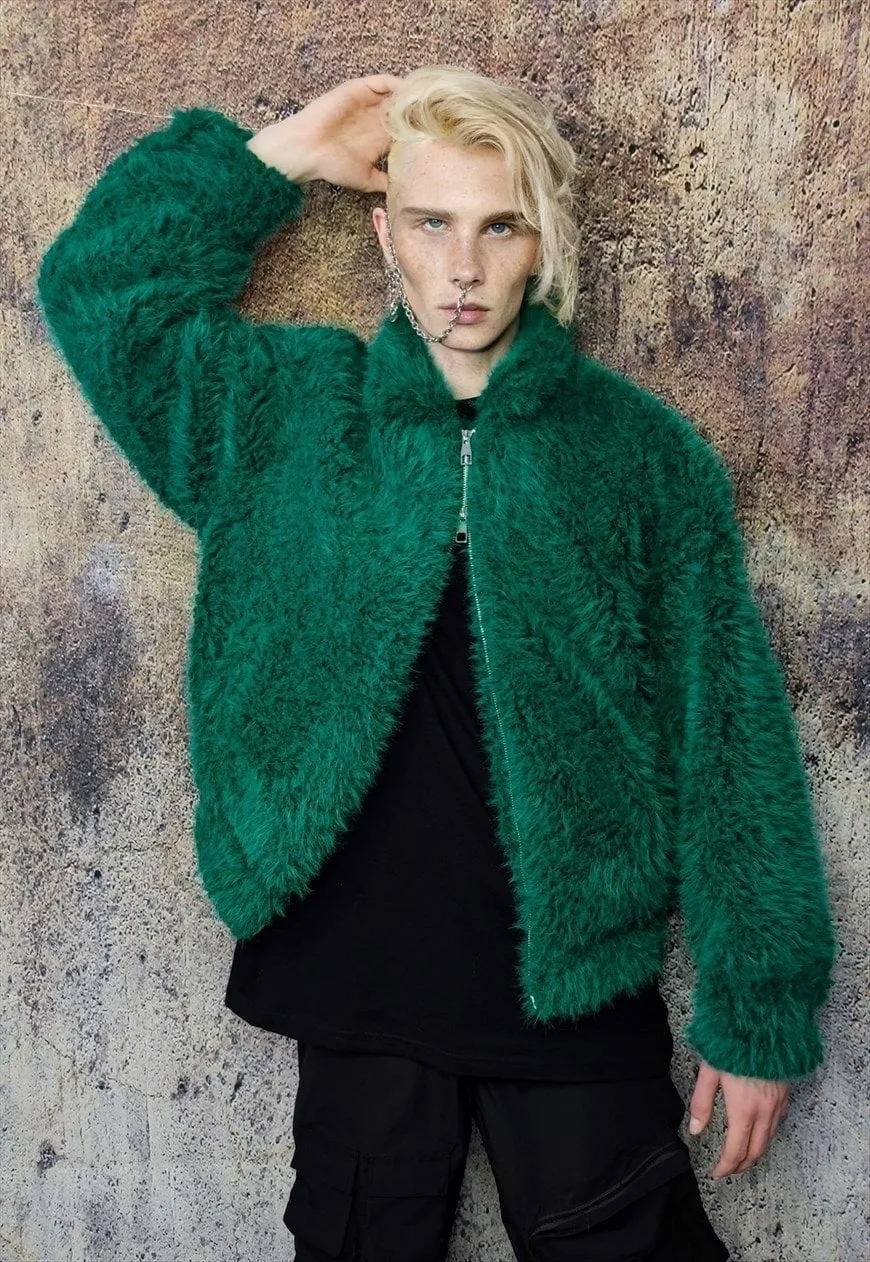 Faux fur bomber jacket fluffy aviator jacket soft coat green