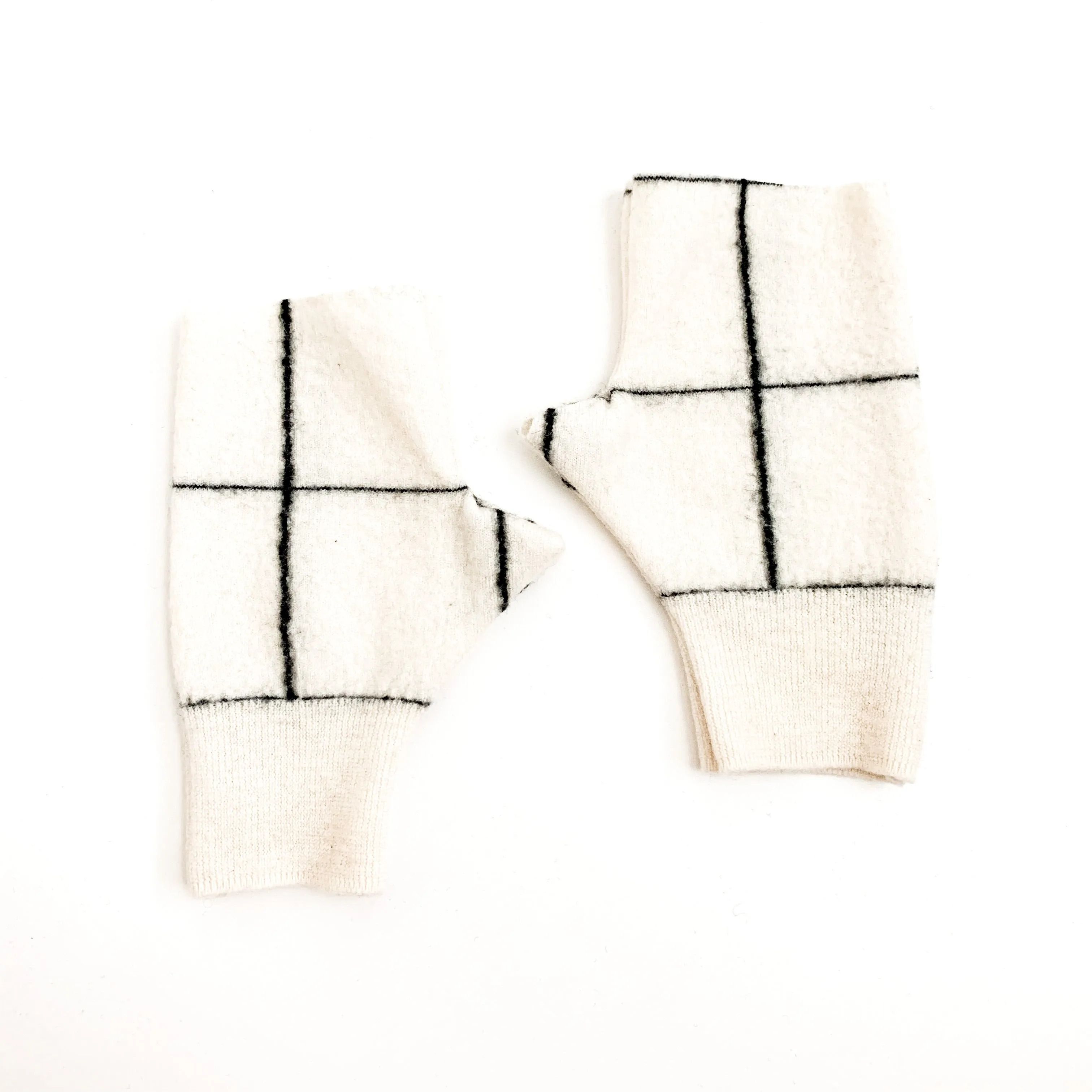 Fingerless Mittens | Cream & Black Grid