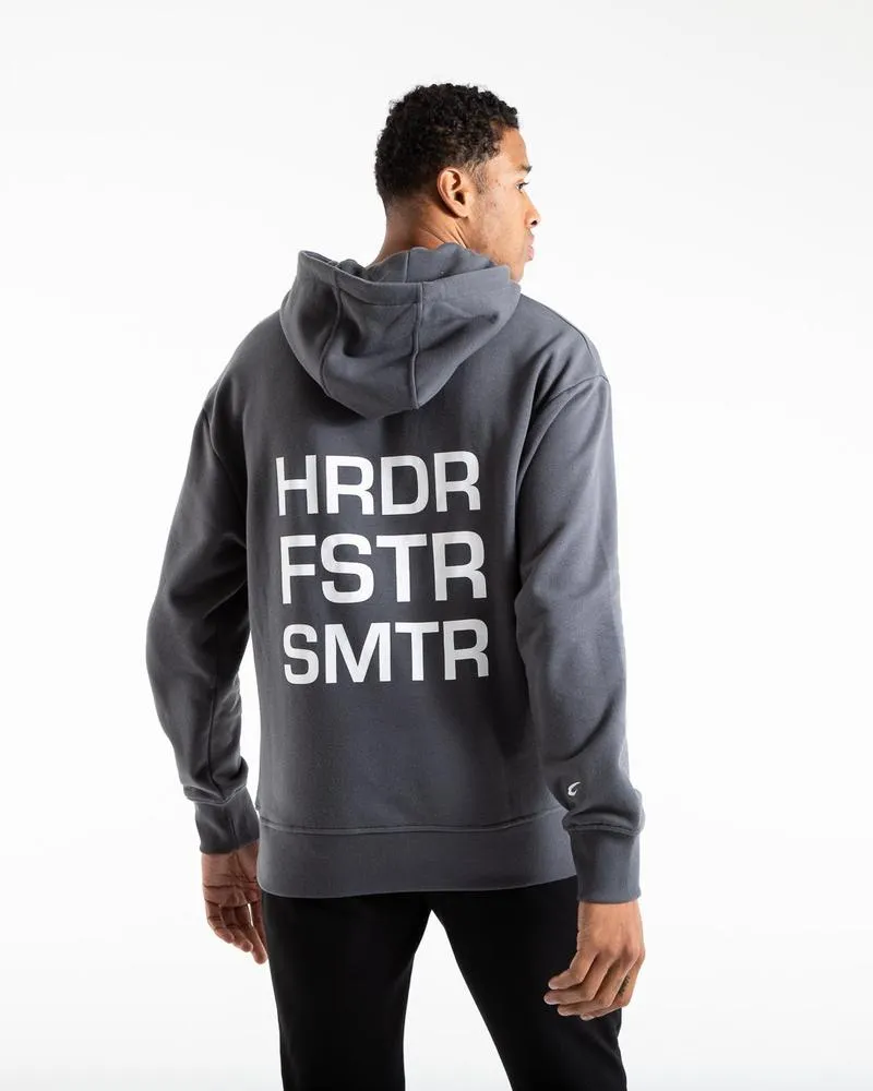 HRDR FSTR SMTR UNISEX HOODIE - CHARCOAL
