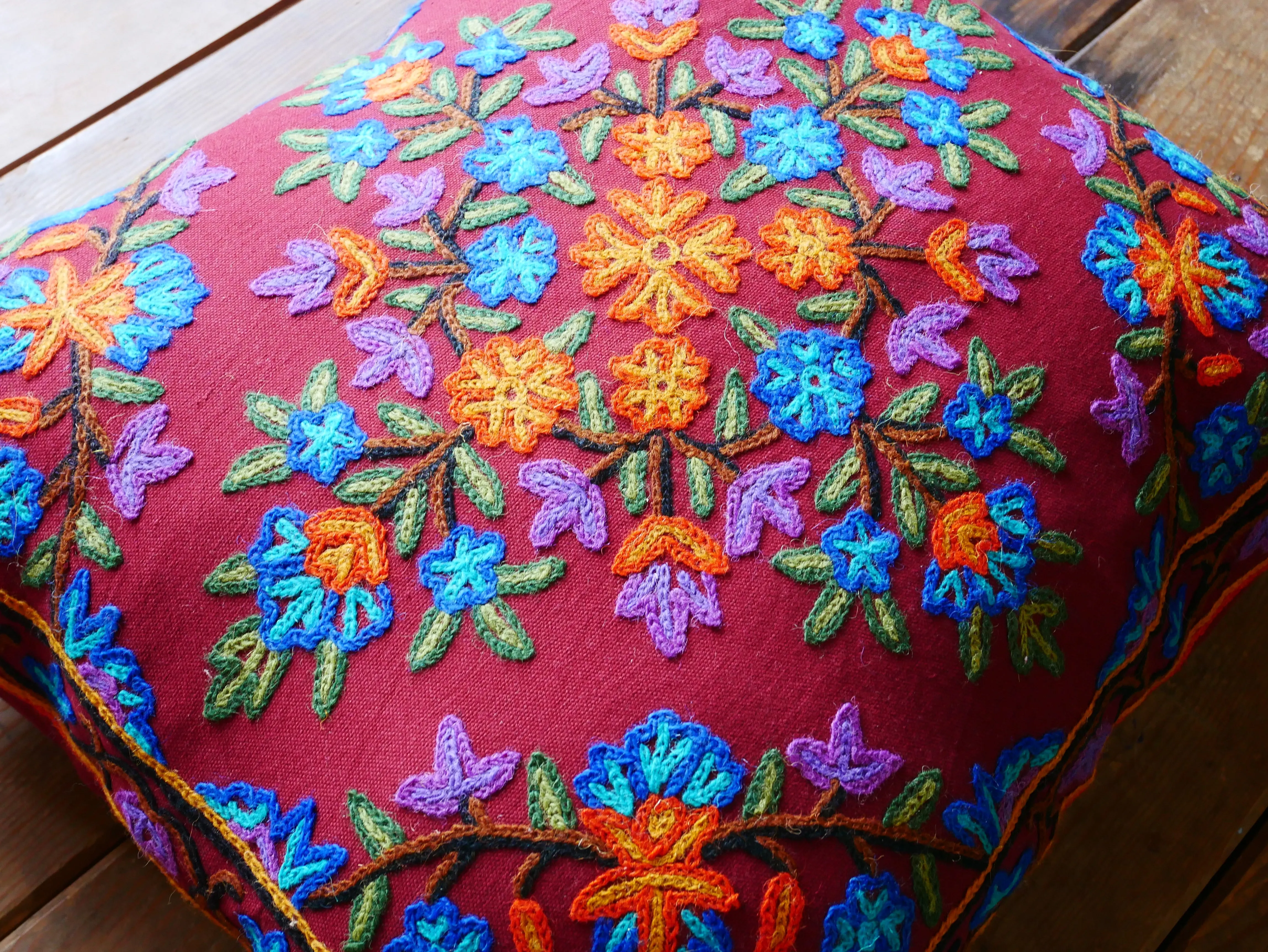 Kashmiri large pillow "Shanti" 24" cushion cover | For floor seating spaces hand embroidered - Cover only