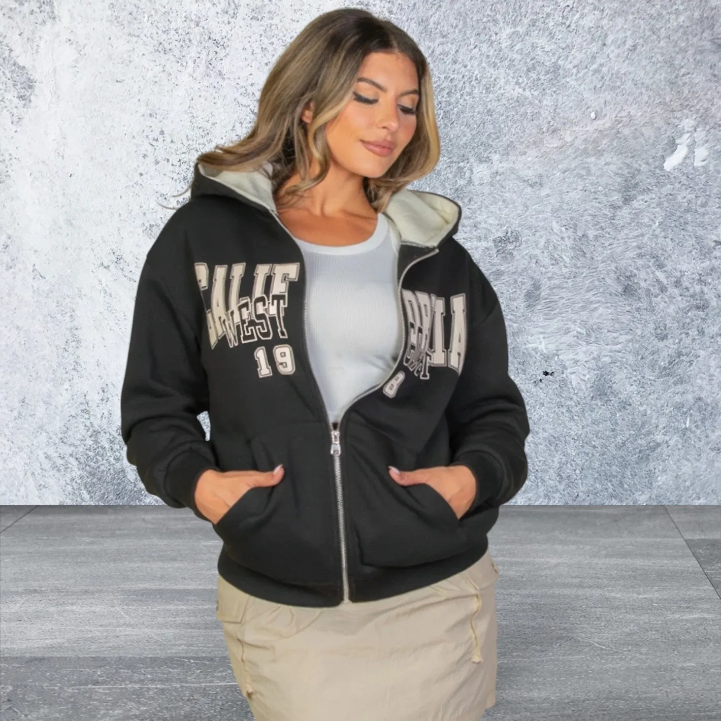 Long Sleeve Graphic Drop Shoulder Zipper Up Hoodie