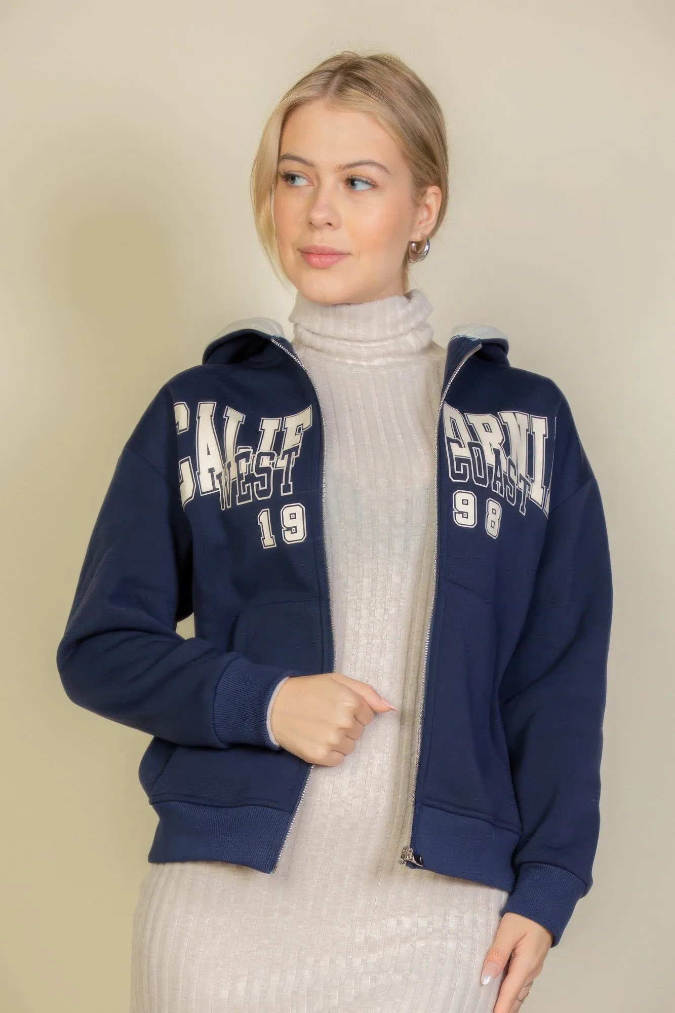 Long Sleeve Graphic Drop Shoulder Zipper Up Hoodie