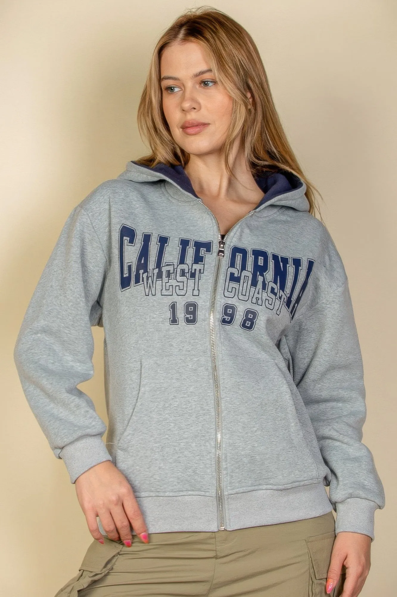 Long Sleeve Graphic Drop Shoulder Zipper Up Hoodie