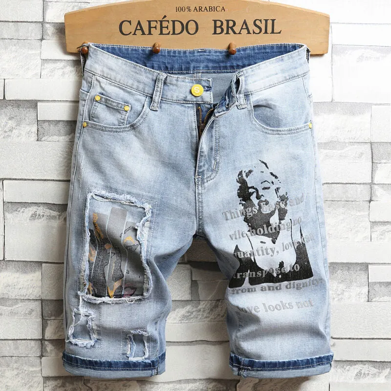 Loose Comfortable Mid Waisted Men's Patched Jean Shorts
