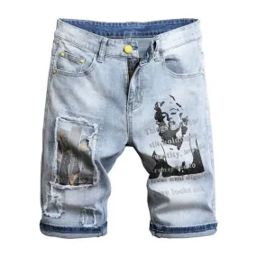 Loose Comfortable Mid Waisted Men's Patched Jean Shorts