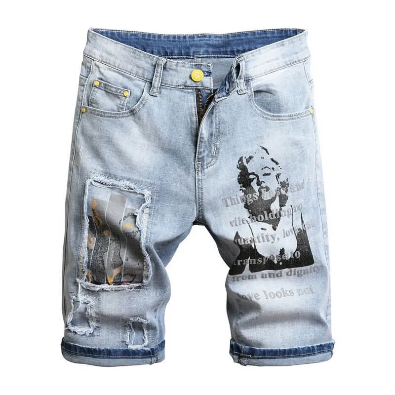 Loose Comfortable Mid Waisted Men's Patched Jean Shorts