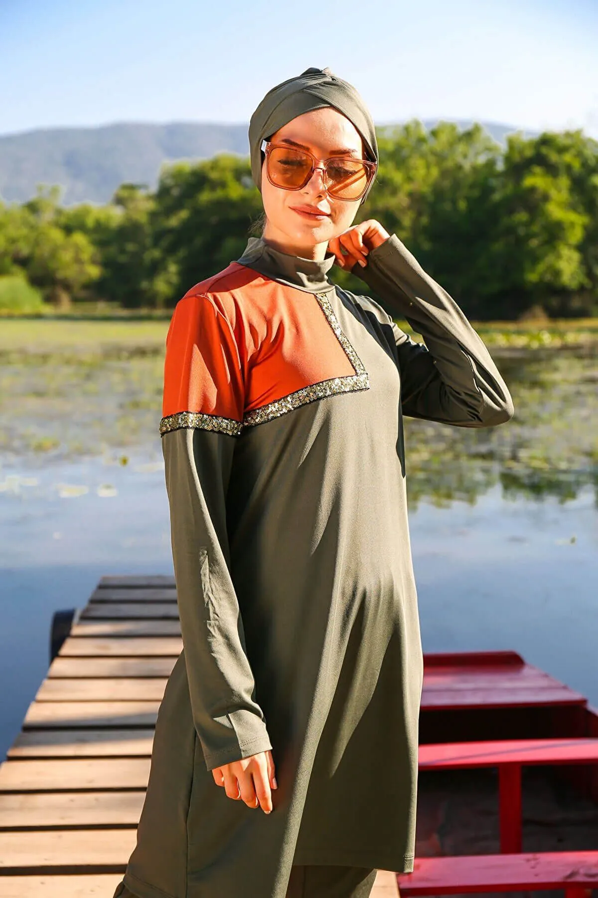 Lycra Khaki Burkini Modest Swimwear M2108