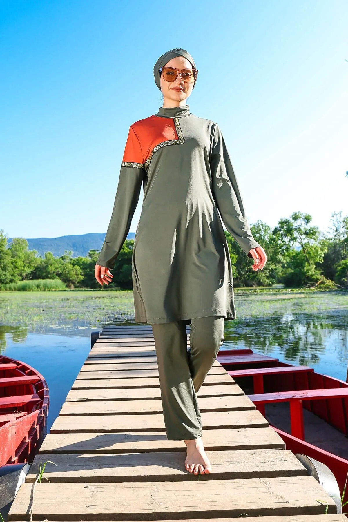 Lycra Khaki Burkini Modest Swimwear M2108