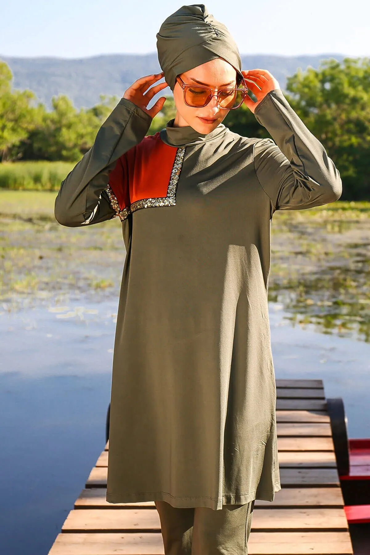 Lycra Khaki Burkini Modest Swimwear M2108