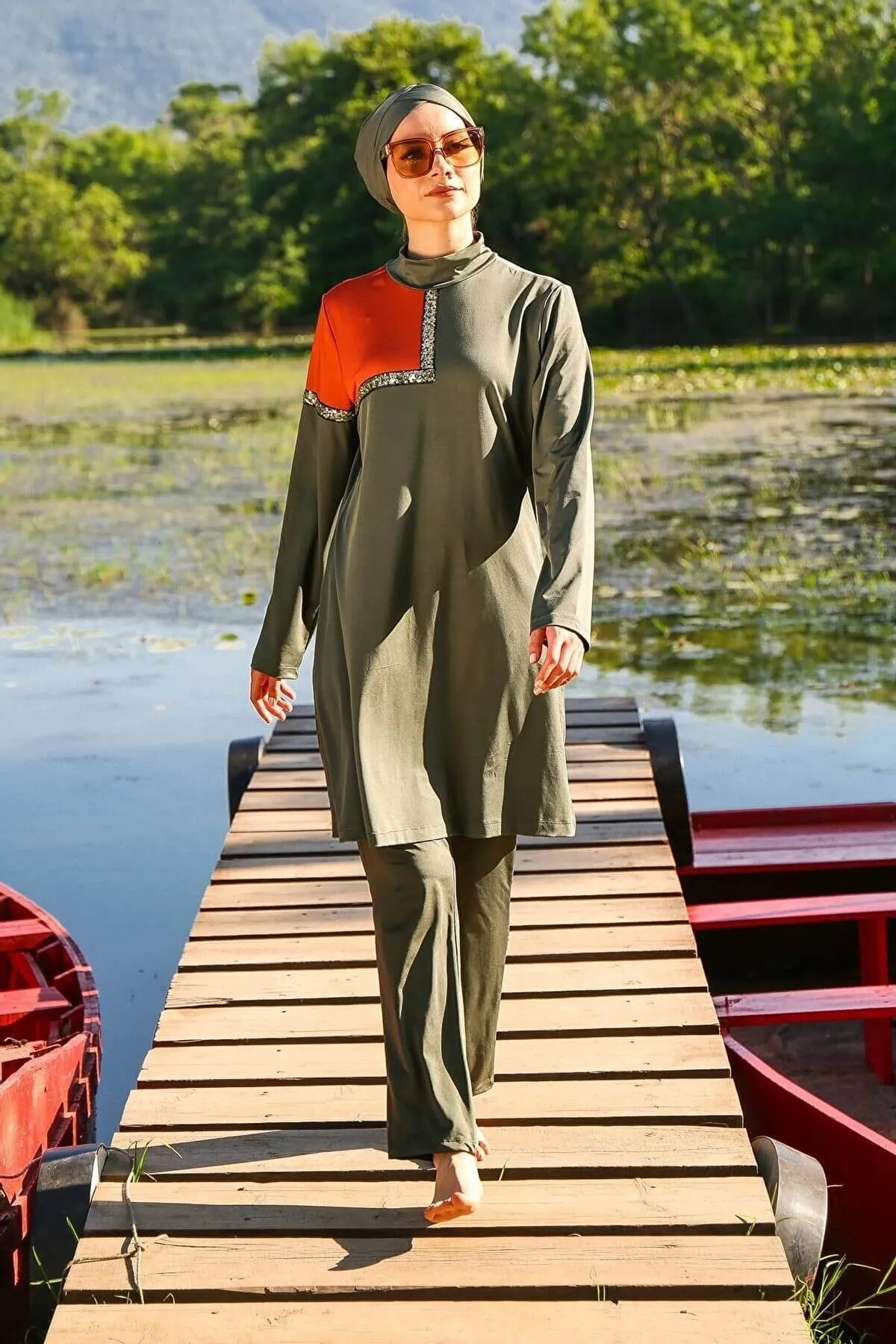Lycra Khaki Burkini Modest Swimwear M2108