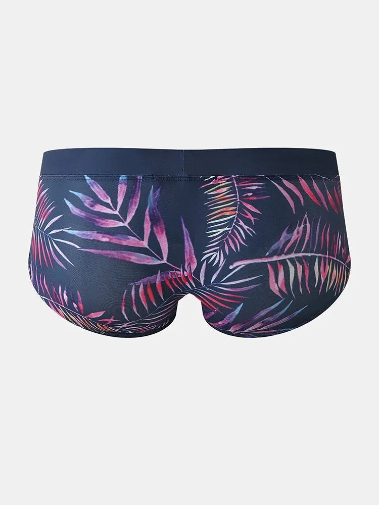 Men Leaf Printed Breathable Swim Briefs