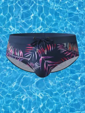 Men Leaf Printed Breathable Swim Briefs
