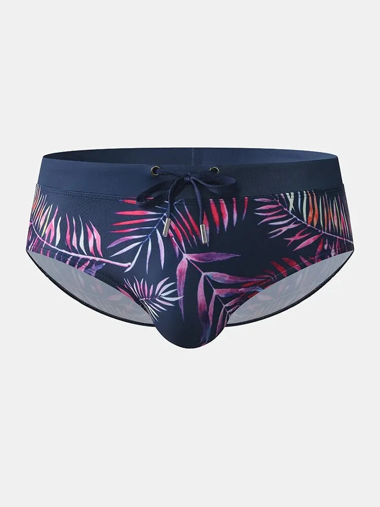 Men Leaf Printed Breathable Swim Briefs