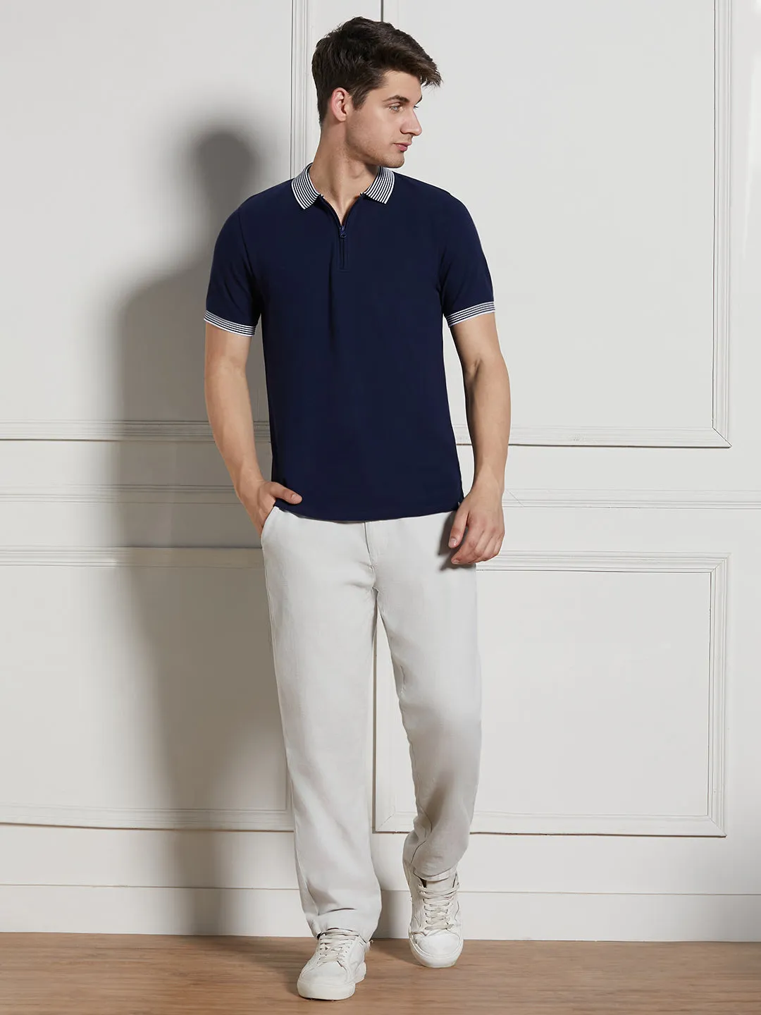 Men's Navy Cotton Regular Fit Polo T-Shirt