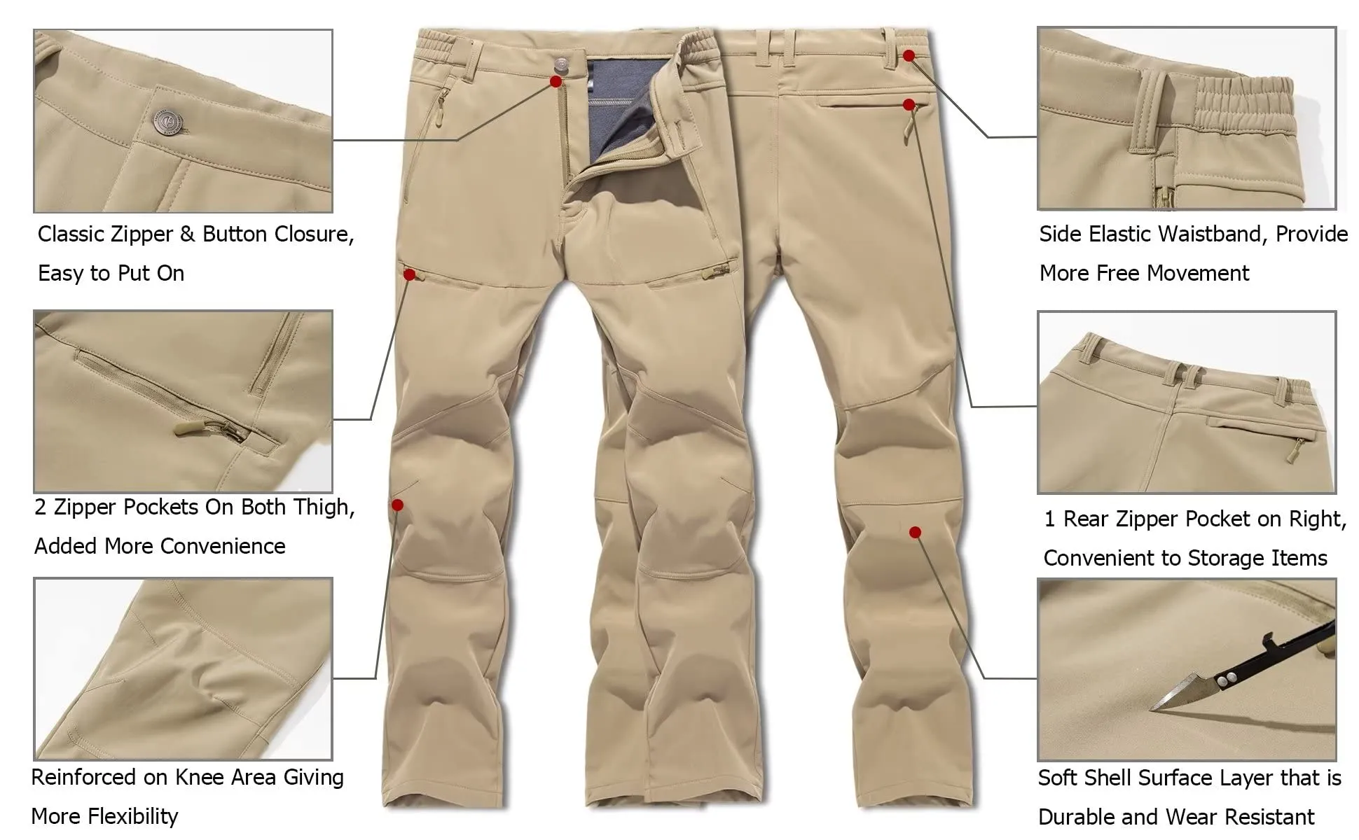 Men's Winter Snow Softshell Pants with 5 Zipper Pockets Water Resistant Fleece Lined Hiking Pants